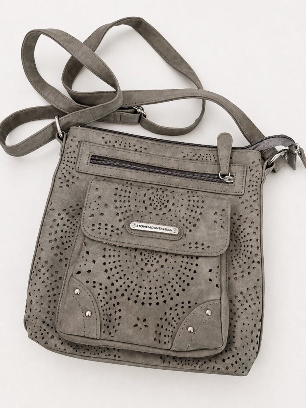 Practical! Stone Mountain USA Gray Laser Cut Leather Crossbody Purse